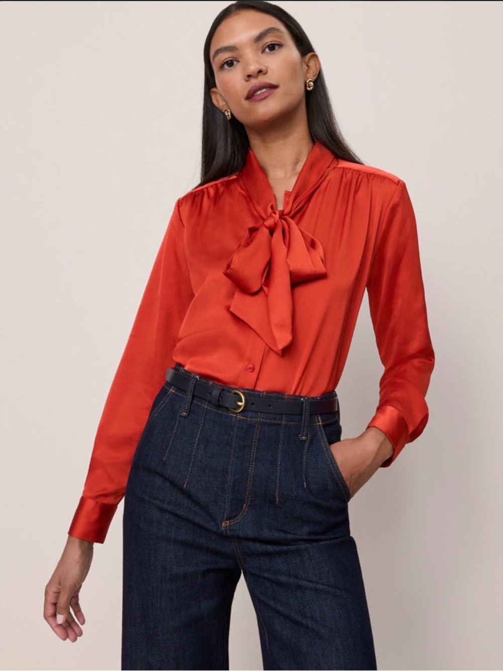 Ann Taylor satin red long sleeve button down blouse